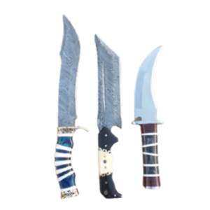 Custom Made Damascus steel Set of Three Knives (Bow, Tanto & Pocket)
