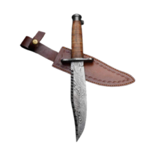 Custom Made Damascus steel Bowie Knife – With Brown Handle