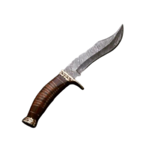 Custom Made Damascus Bowie Knife – Pocket Size with Brown Handle