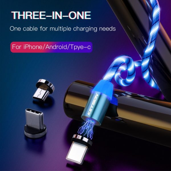 KEYSION Magnetic Cable Flowing Light LED Micro USB Cable for Samsung Type C Charging for Xiaomi for iPhone Magnet Charger Cord