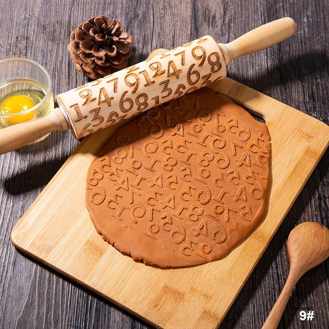 presentimer Exquisite Embossed Wooden Rolling Pin Kitchen Baking Tools Embossed Halloween Cookies Flour Stick Size 4355cm Suitable For Making Pasta Biscuits Meat Etc.